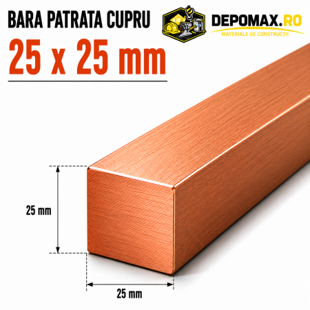 Bara patrata cupru 25 x 25 mm – lungime 3 metri – Cu-ETP